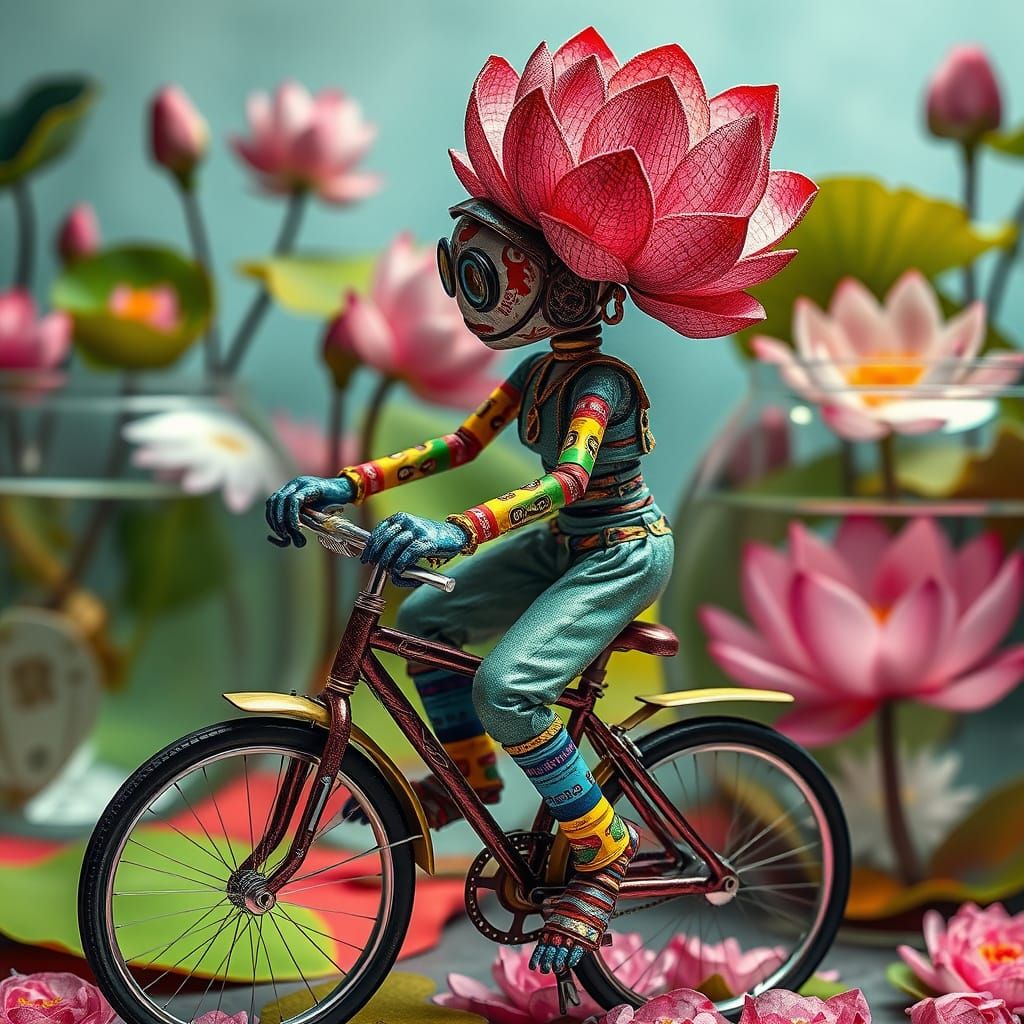 Silk Robot with Lotus Hat Rides Candy Bicycle