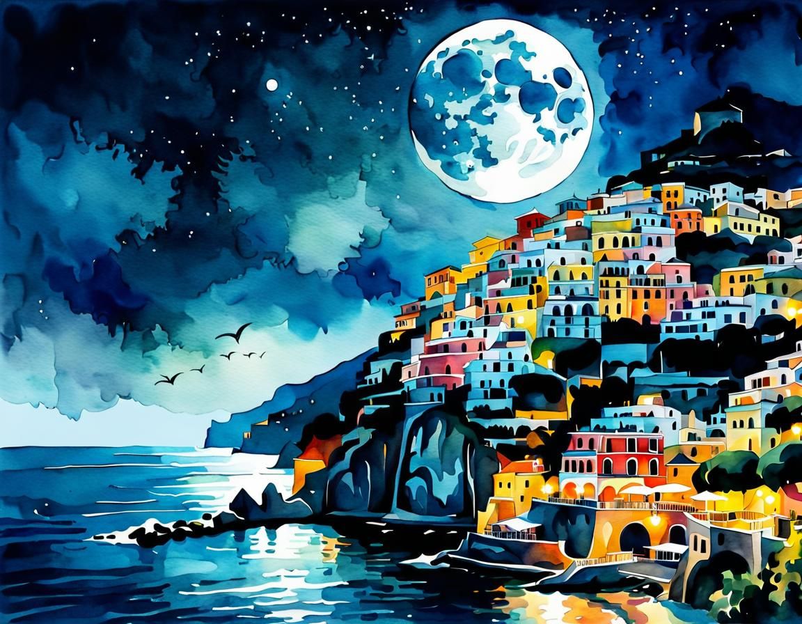 Full Moon Over Positano in Watercolor