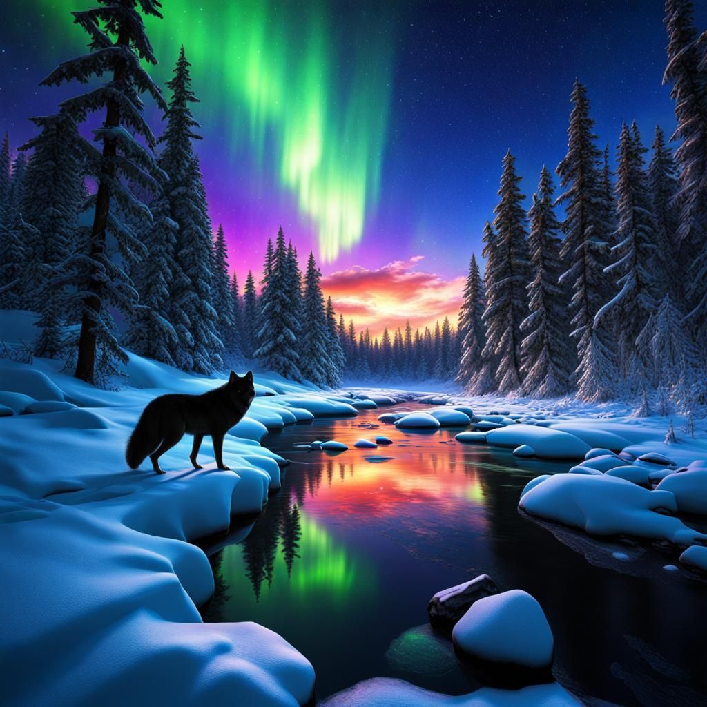 Winter Riverscape Northern Lights