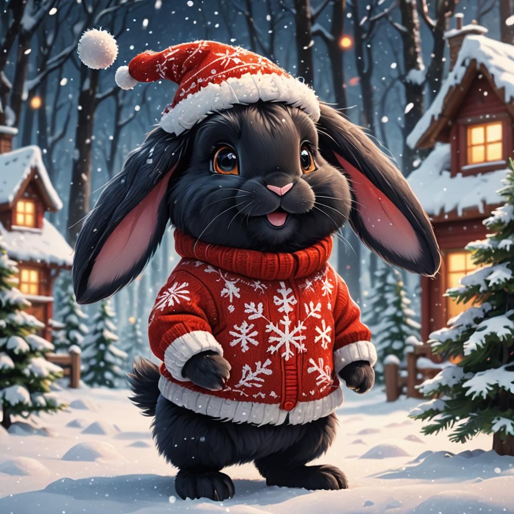 Chibi Black Bunny in Snowy Christmas Forest