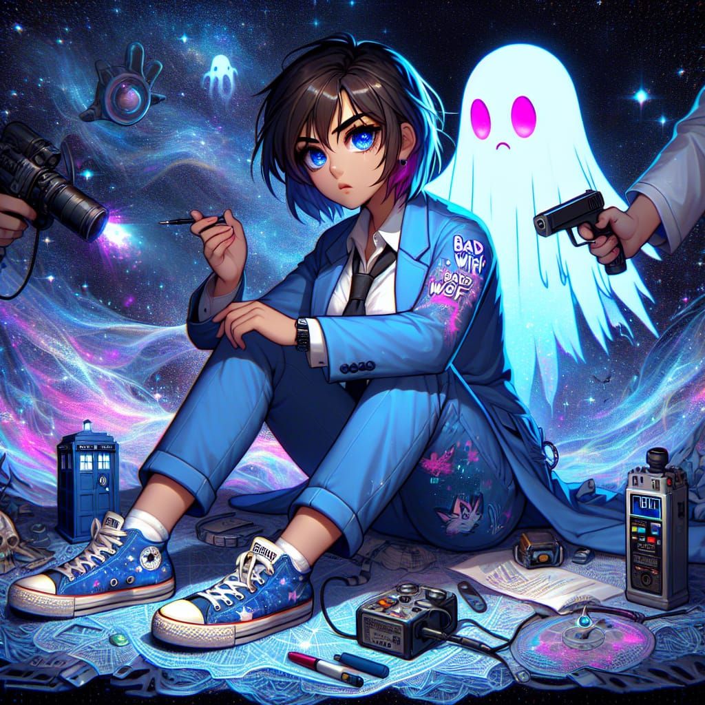 Paranormal Investigator with Ghost in Expressionist Cosmos