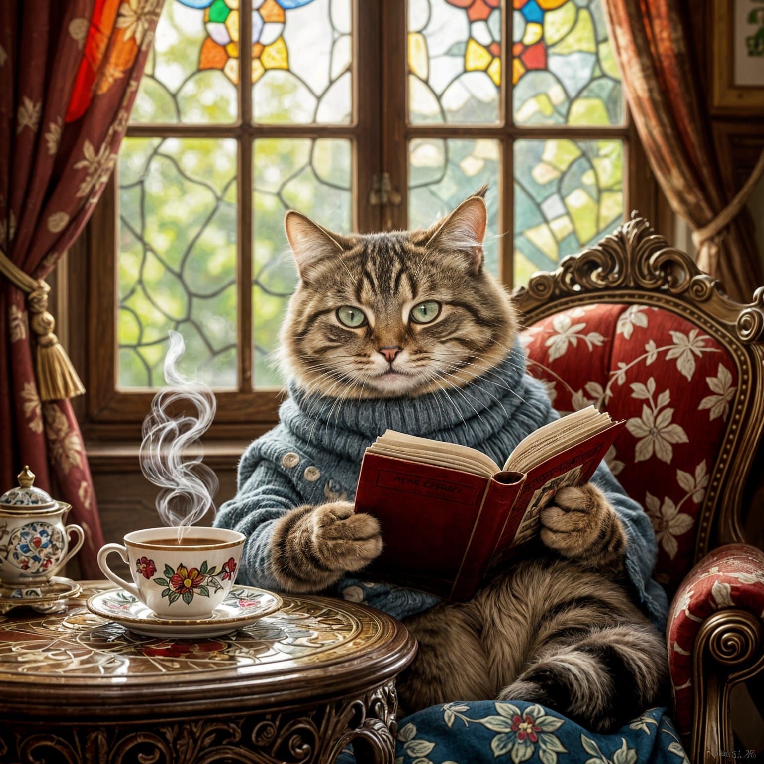 Cat Reads Newspaper by Stained Glass Window