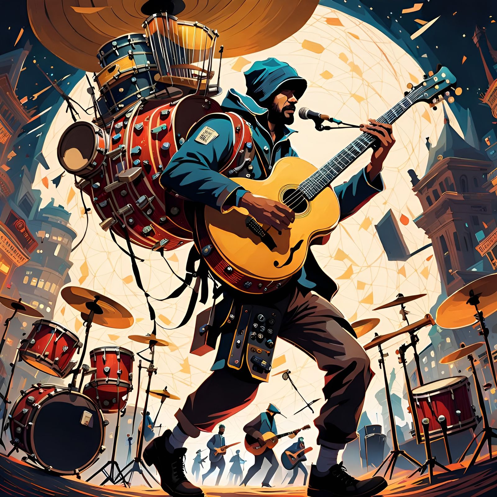 Cyberpunk One-Man Band with Musical Swirls