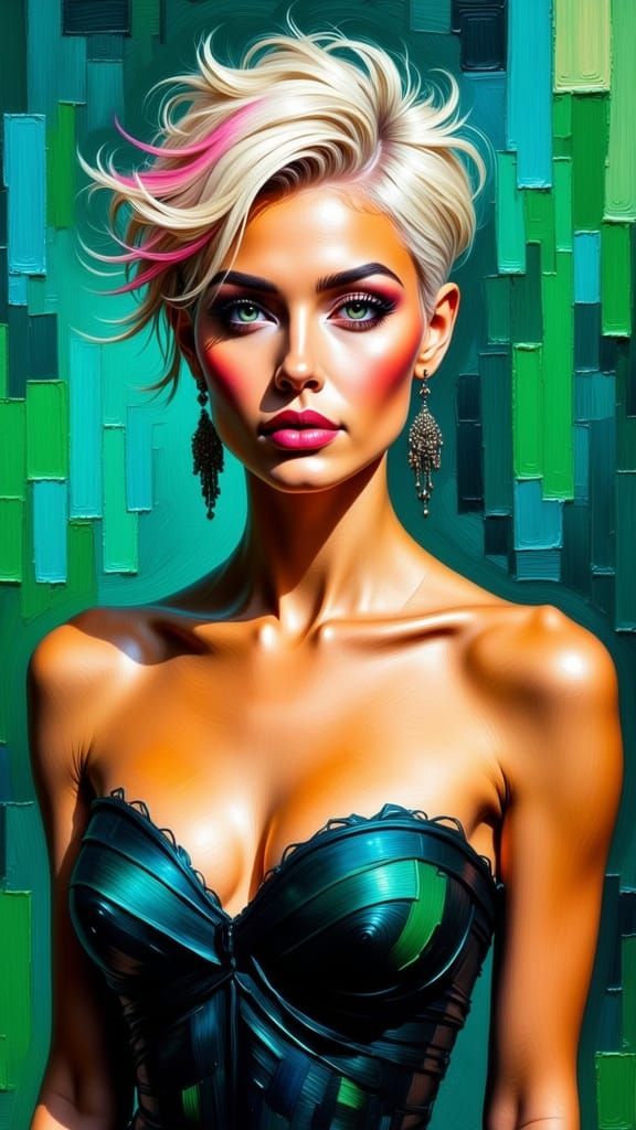 Elegant Woman in Bold, Abstract Evening Gown