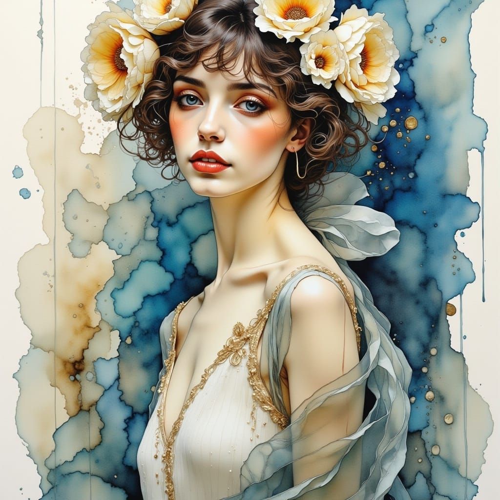 1920s Woman in Alcohol Ink Style with Roses