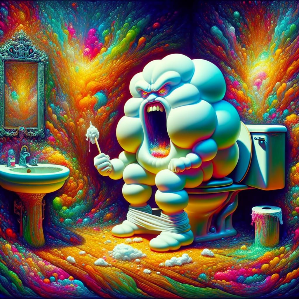 Angry Marshmallow Figure on Toilet in Psychedelic Art