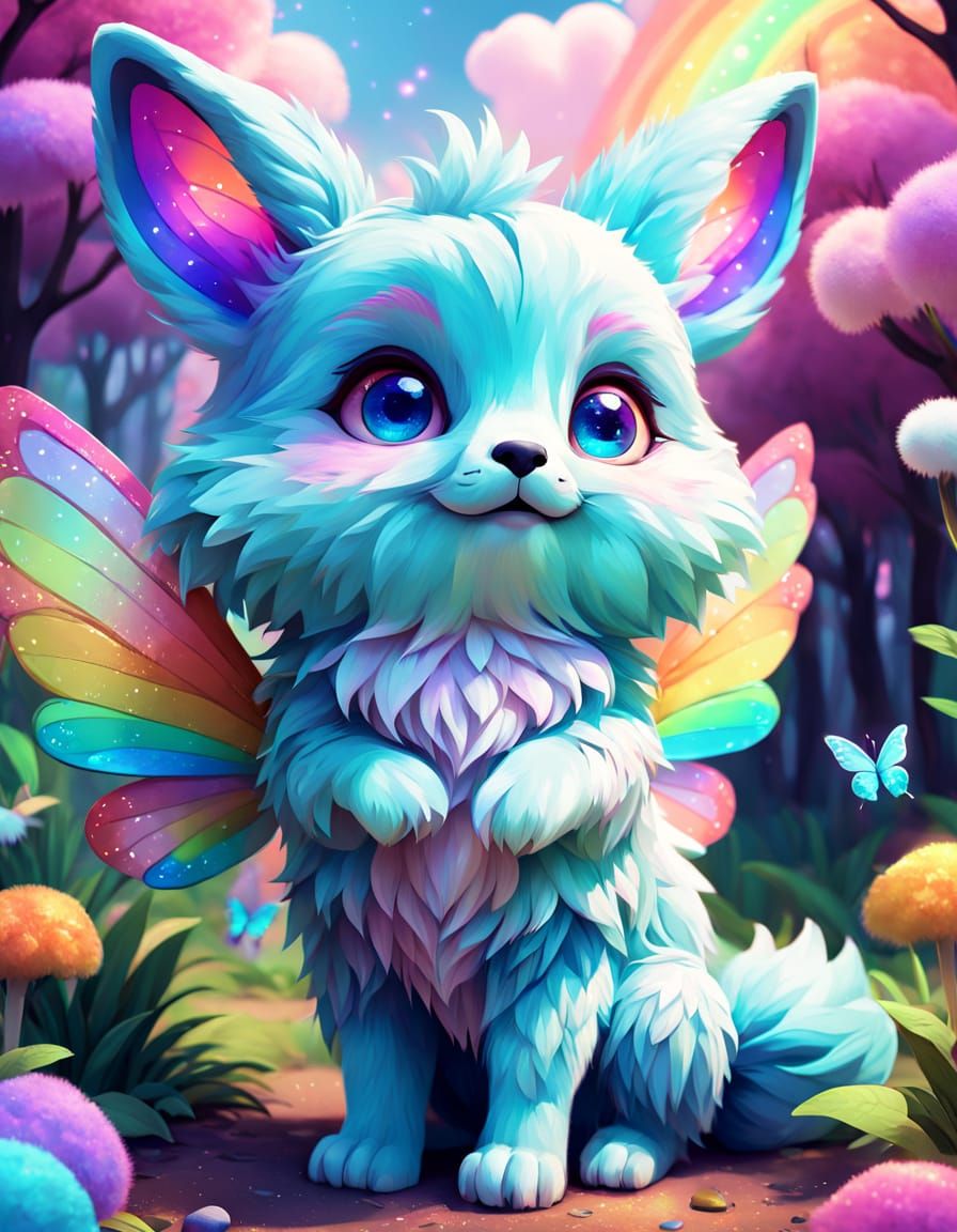 Whimsical Fantasy Creature with Fluffy Bunny Ears and Glowin...