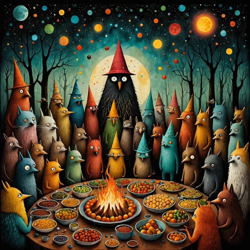 Satirical Potluck Illustration in Mixed Media