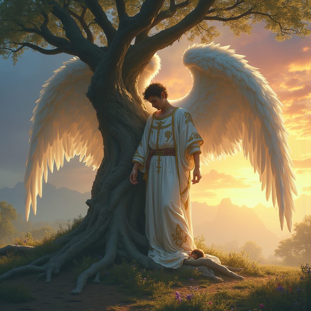 Majestic Angelic Guardian in a Dreamlike Landscape