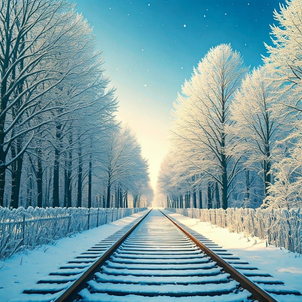 Snowy Railway Track Landscape in Impressionist Style