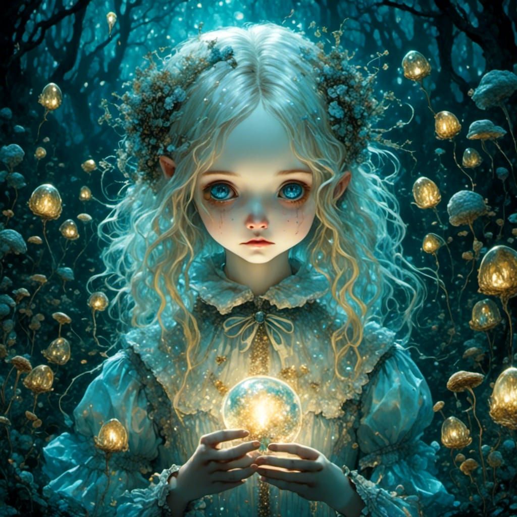 Bioluminescent Alice in Dark Forest Fantasy