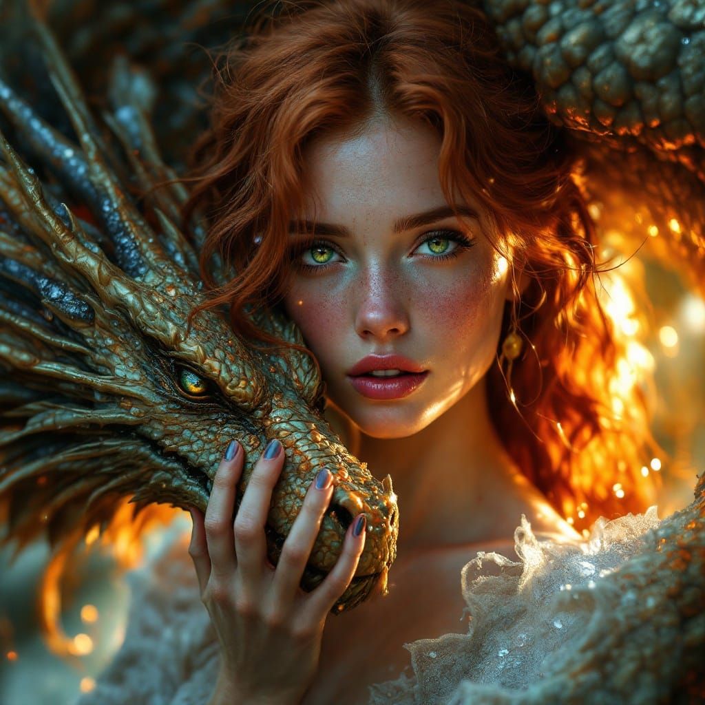 Surreal Fantasy Portrait of a Redheaded Woman and Dragon