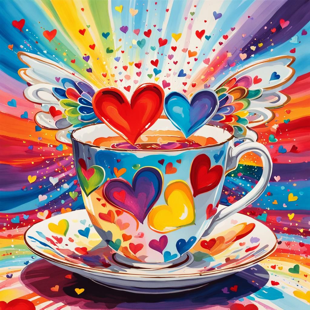 Pop Art Teacup Overflowing with Joyful Hearts