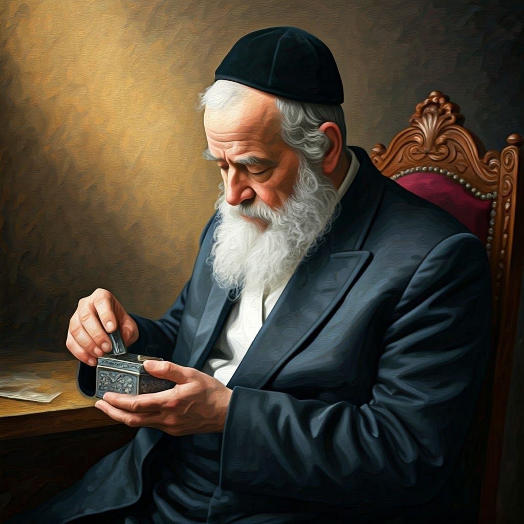 Elderly Rabbi Smells Prayers in Traditional Attire