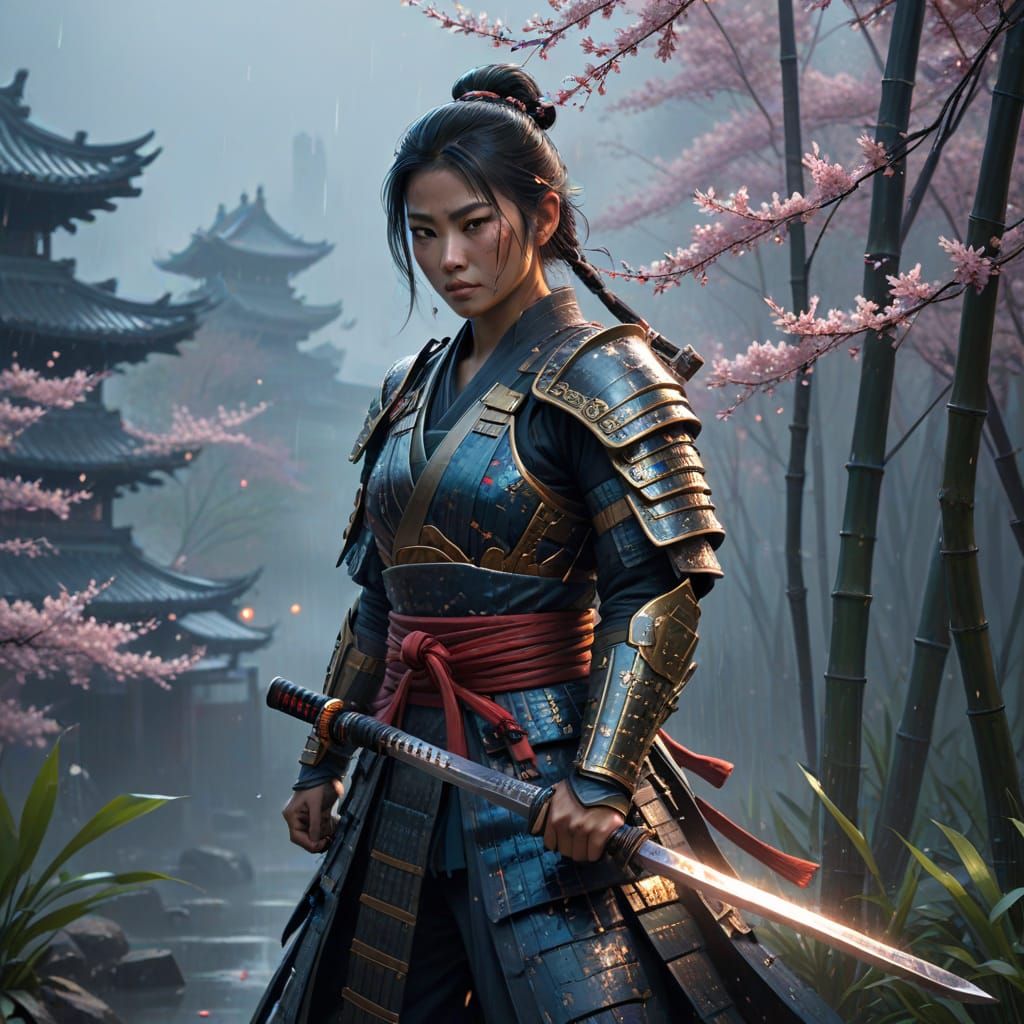 South Asian Woman Samurai Wielding Glowing Katana in Misty C...
