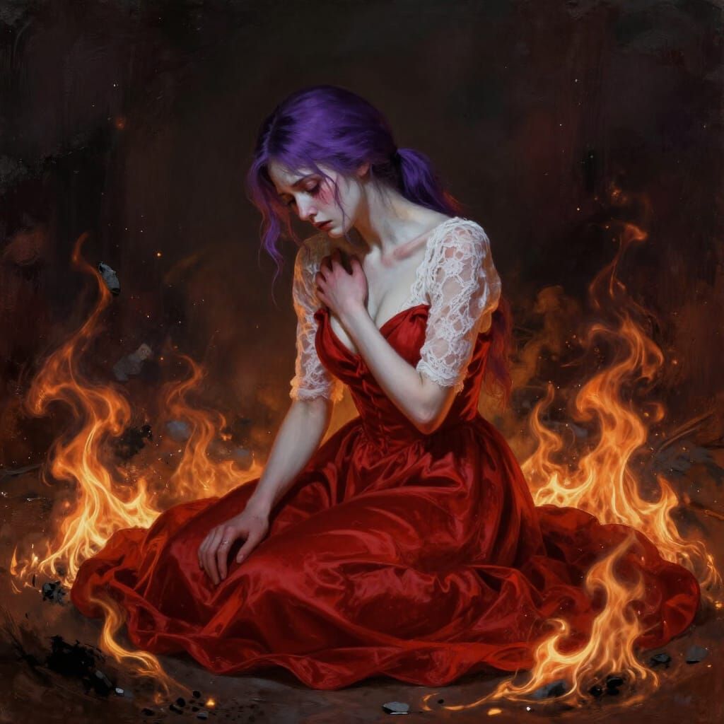 Woman in Red Dress Amidst Flames, Painterly Style