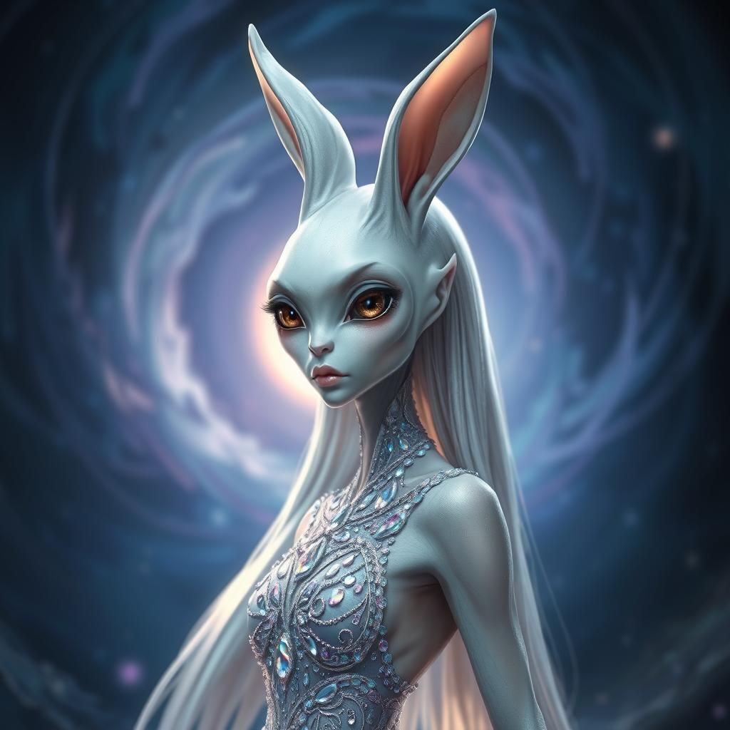 Ethereal Alien Woman with Rabbit Features in Digital Art