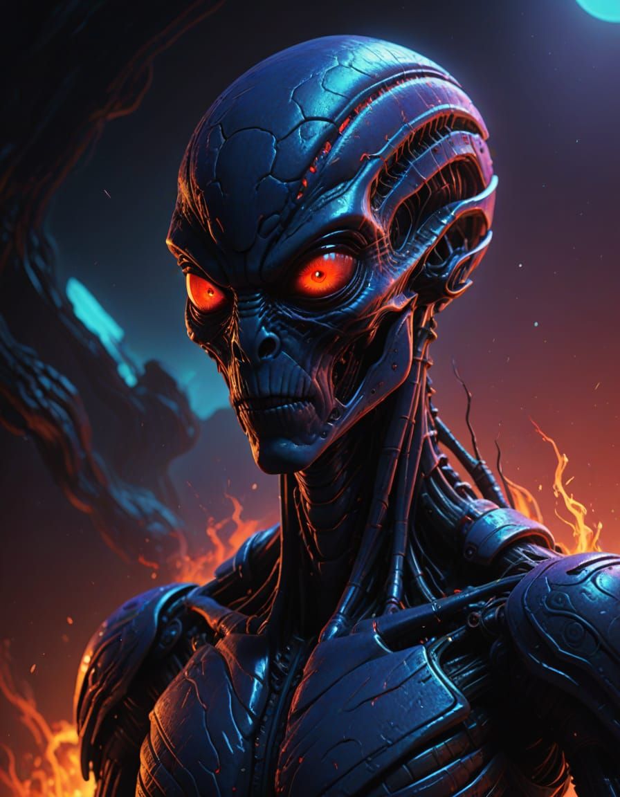 Surrealist Alien Icon in Vibrant Red Hues