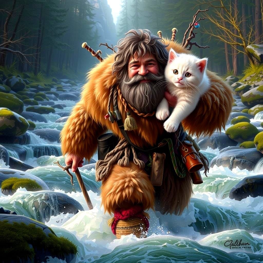 A Gentle Giant Assists a Traveler in a Stream