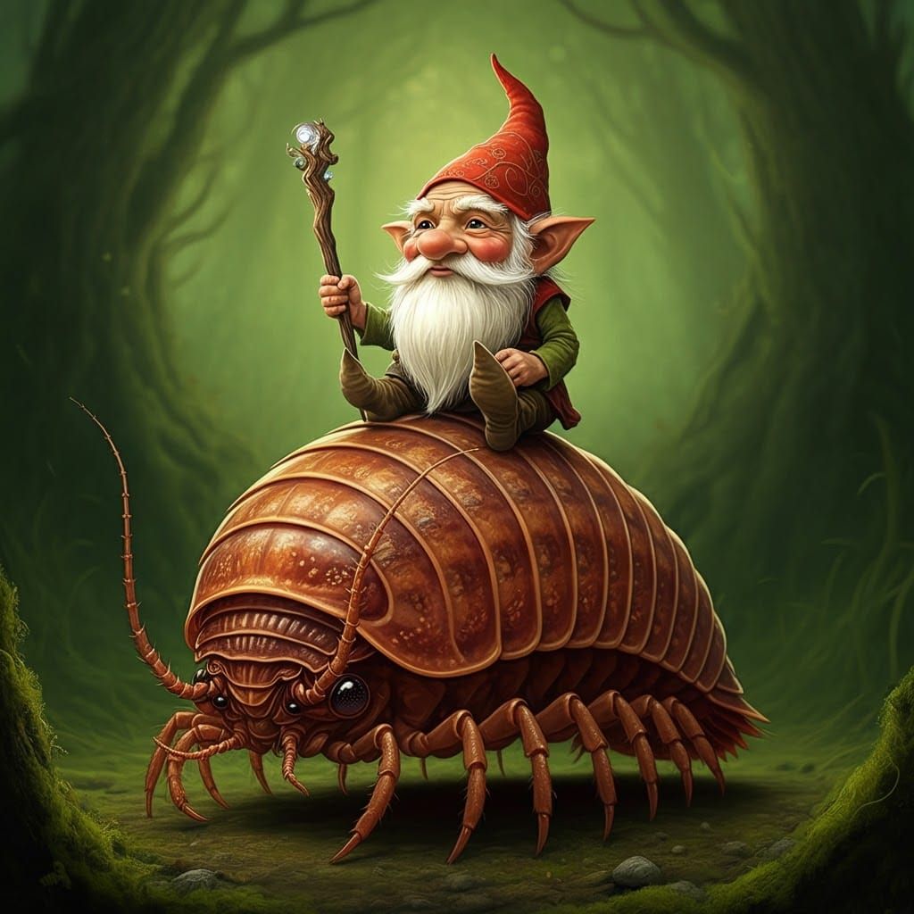 Gnome Rides Isopod Through Enchanted Forest