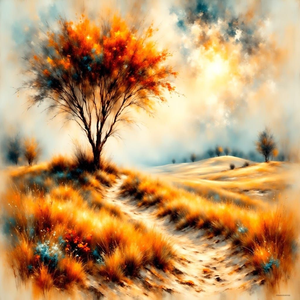 <lora:ImpressionistMusings:1.0> A barren tree standing alone on a low hill surrounded by sand dunes. Slightly Dutch angl...