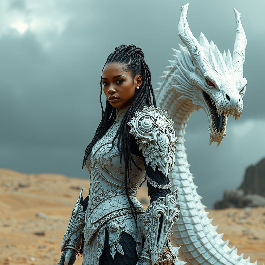 Glowing Red-Eyed Dragon Meets Warrior in Haute Couture Armor