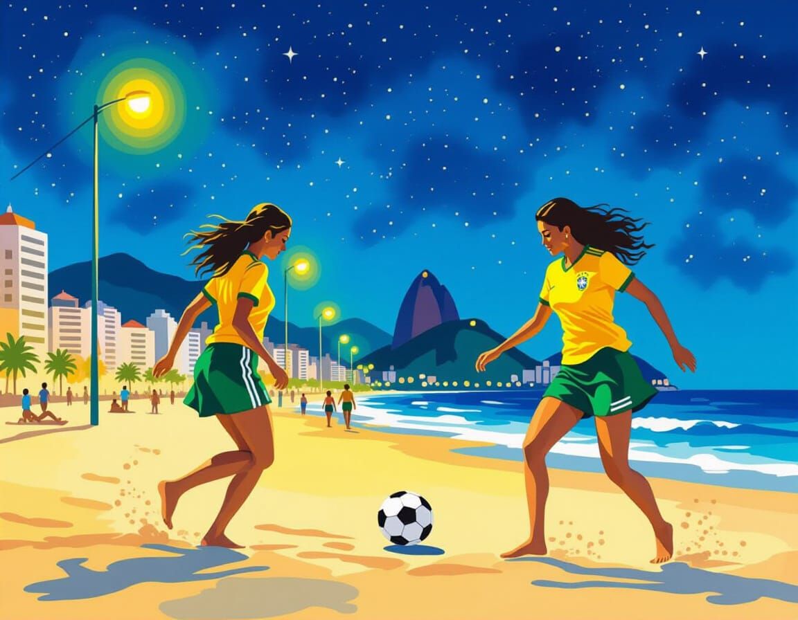 Brazilian Girls Play Beach Soccer: Watercolor Painting