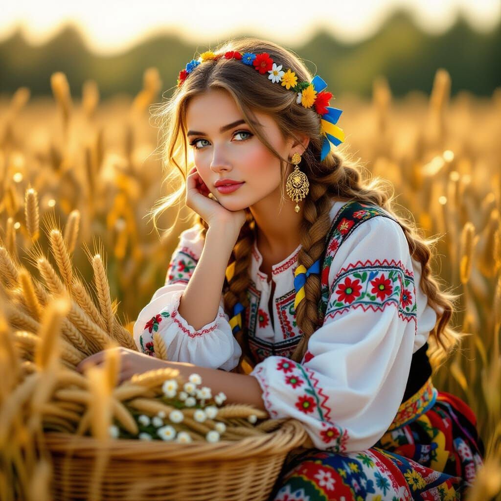 Ukrainian Woman in Vyshyvanka at Golden Hour