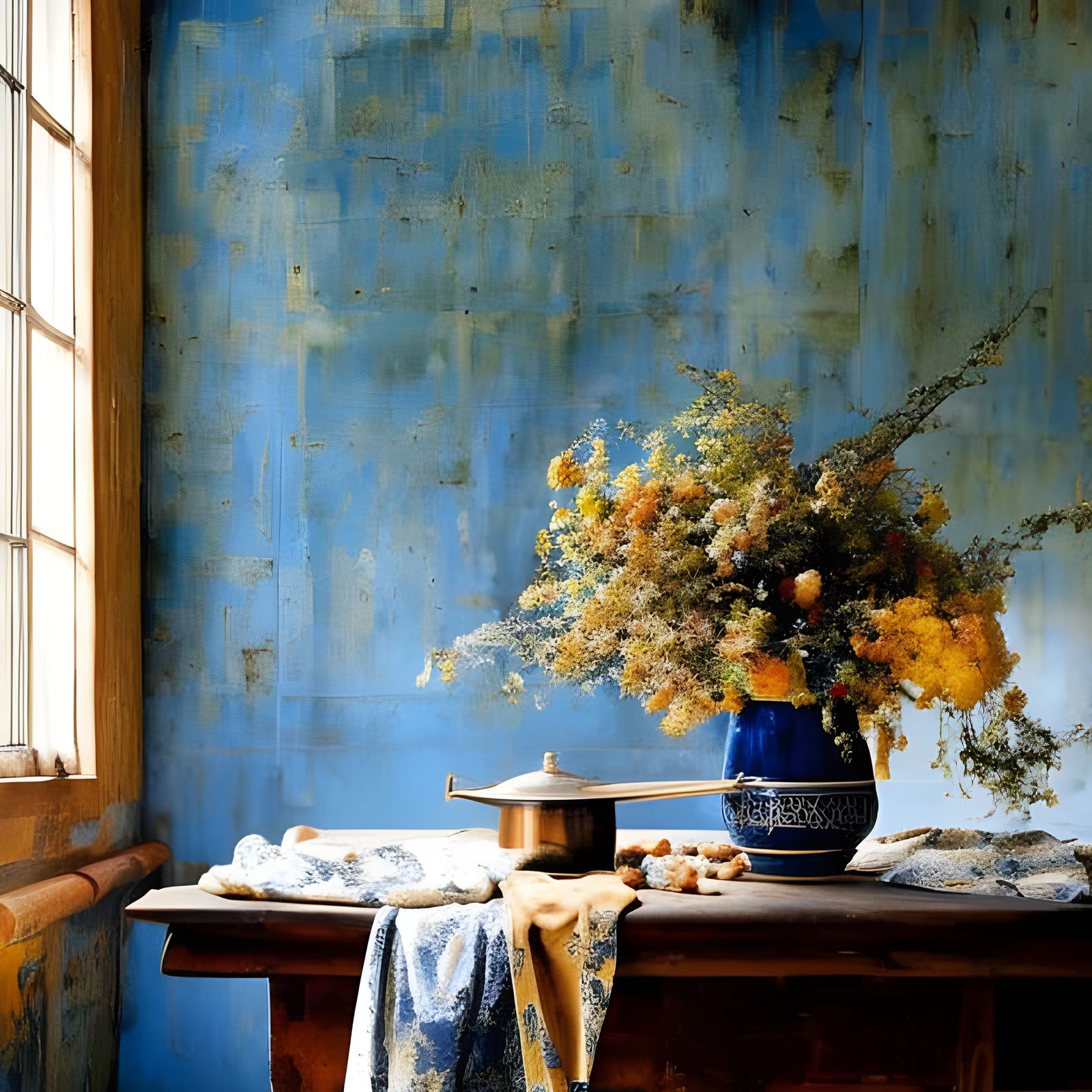 Hyperrealist Flowers by Window in Delft Blue and Gold