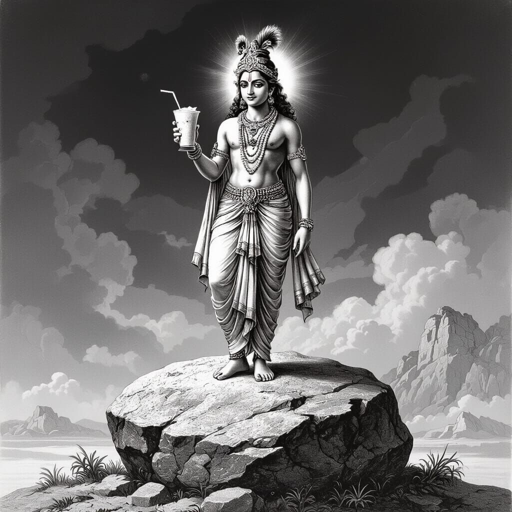 Lord Krishna with Smoothie on Rock, Pencil Sketch Style