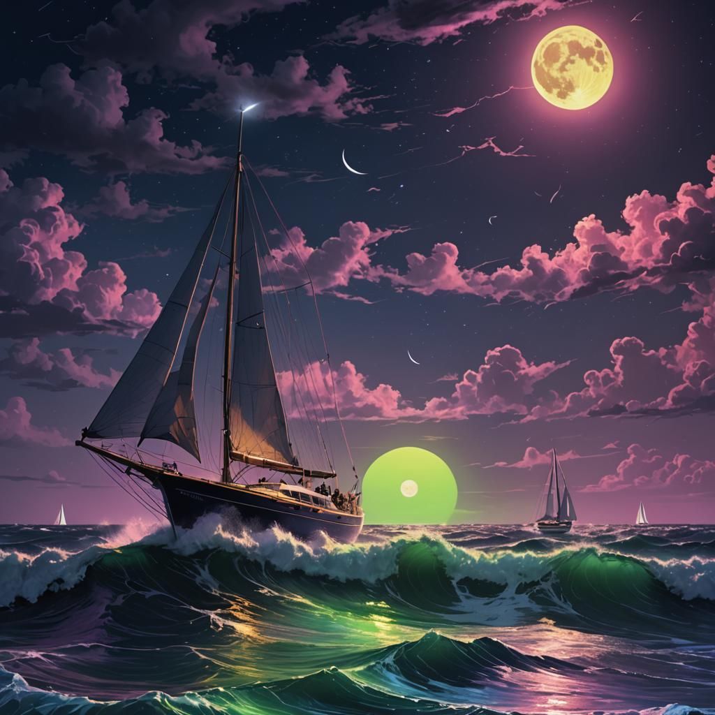 Sailboat Under Neon Moon in Stormy Seas