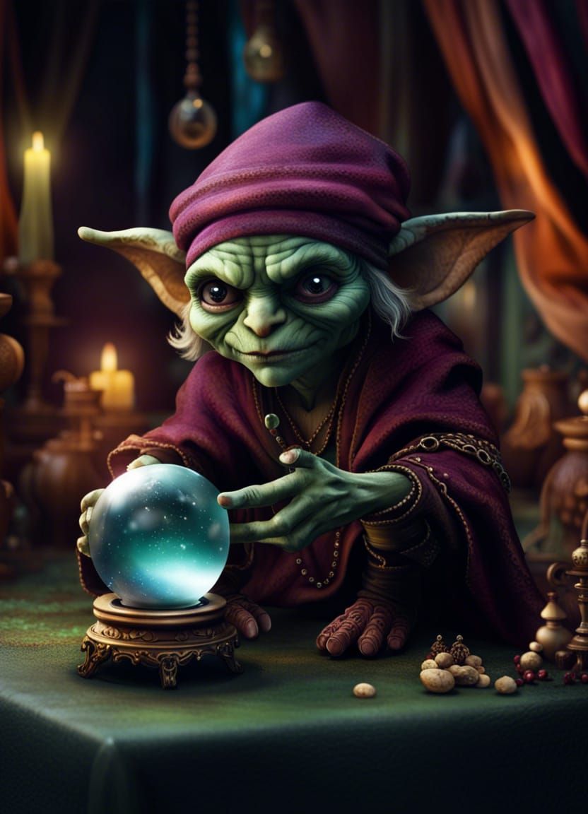 Goblin Fortune Teller with Crystal Ball, Fantasy Art