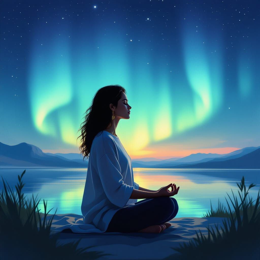 Meditative Figure Surrounded by Aurora Lights