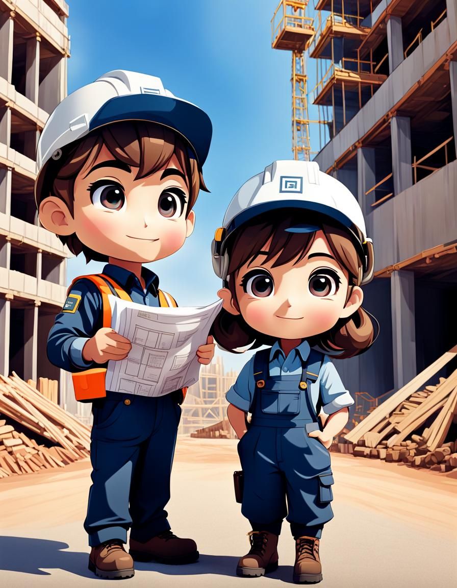 Chibi Foreman and Civil Engineer at Construction Site