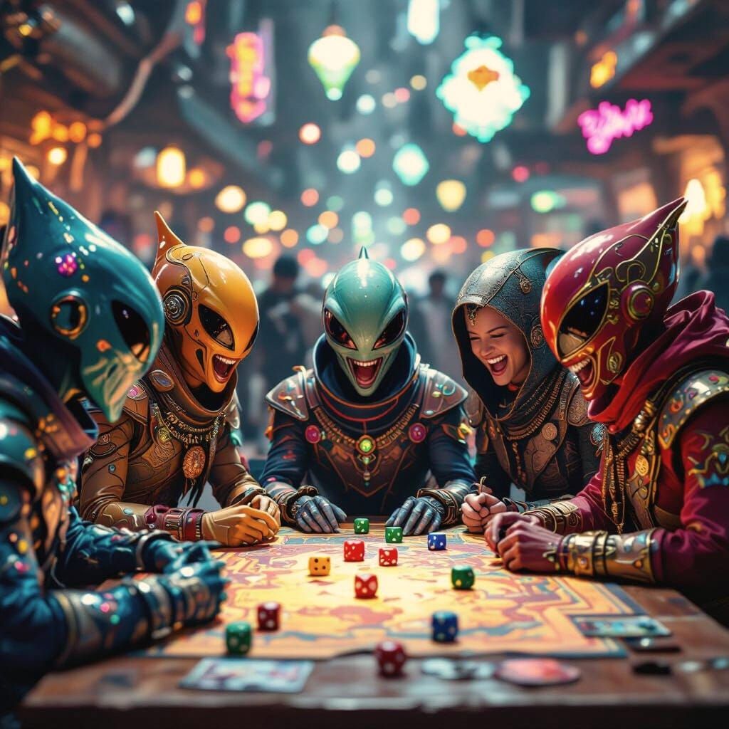 Alien Gamers Laughing at Table with RPG Dice