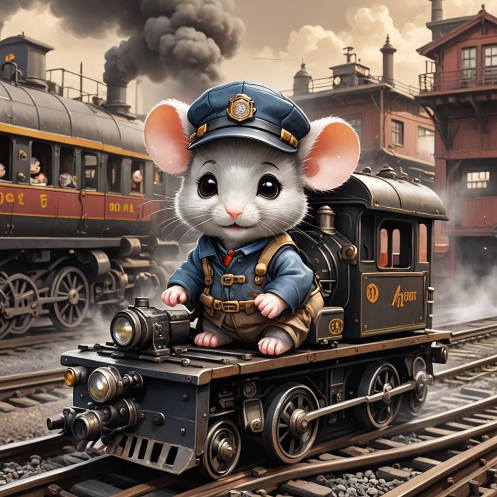 Chibi Mouse Train Engineer on Engine Car