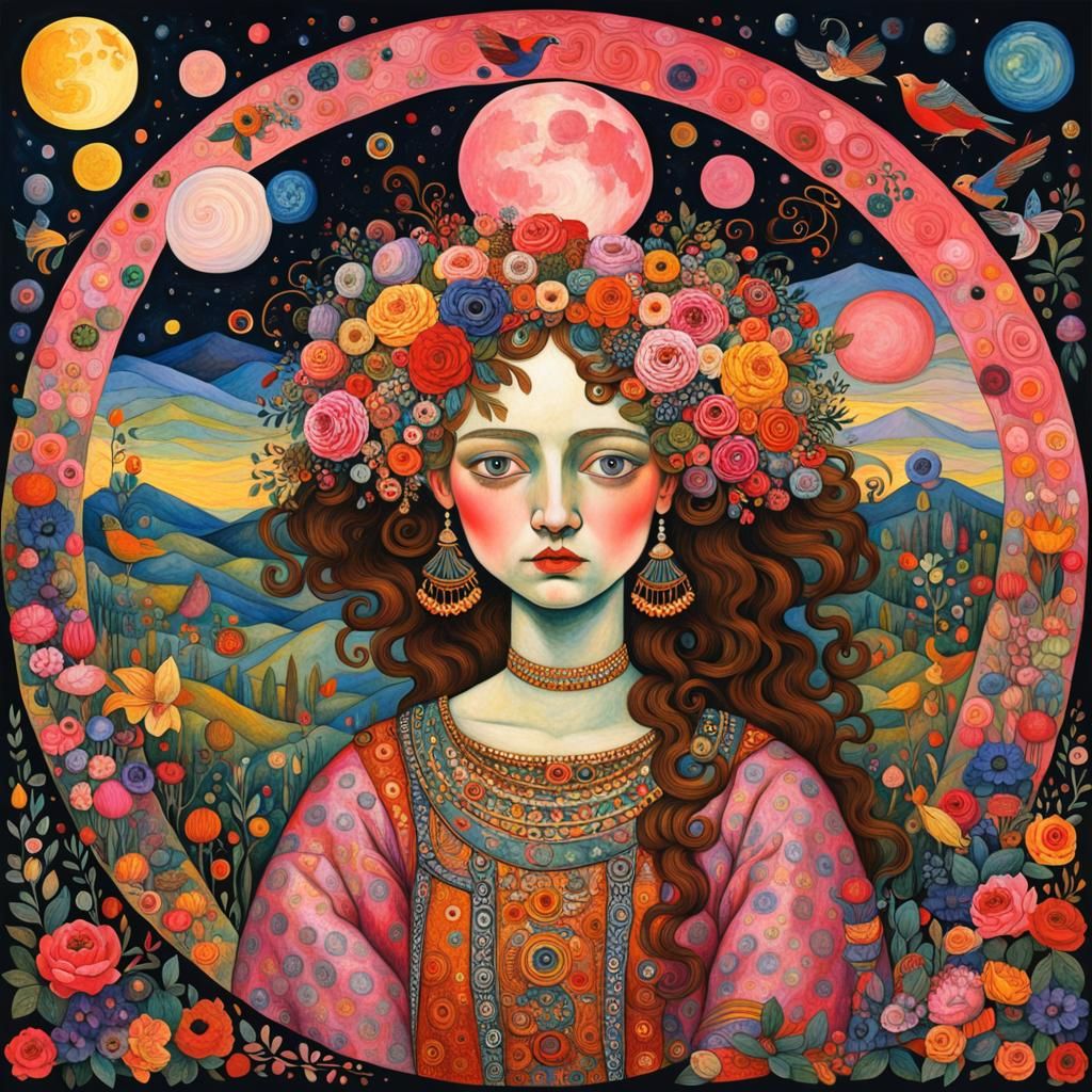 Celestial Goddess Under Pink Moon in Maximalist Style