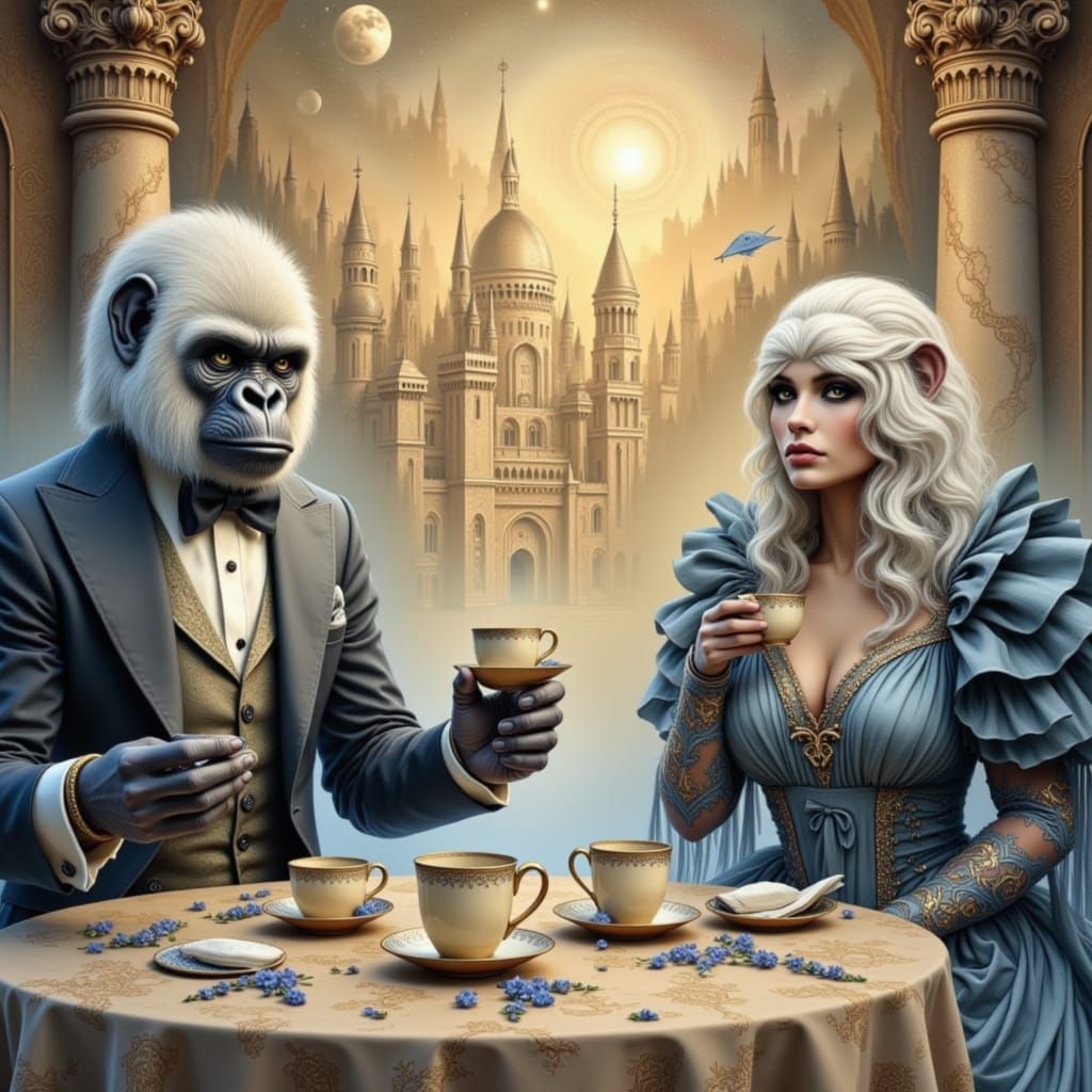 Gorilla and Maiden Tea Party Under Asteroid Shower
