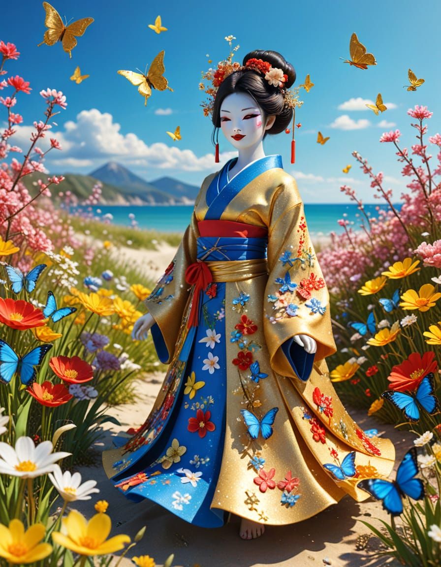 Colorful Geisha Demon on Beach Holiday in 3D