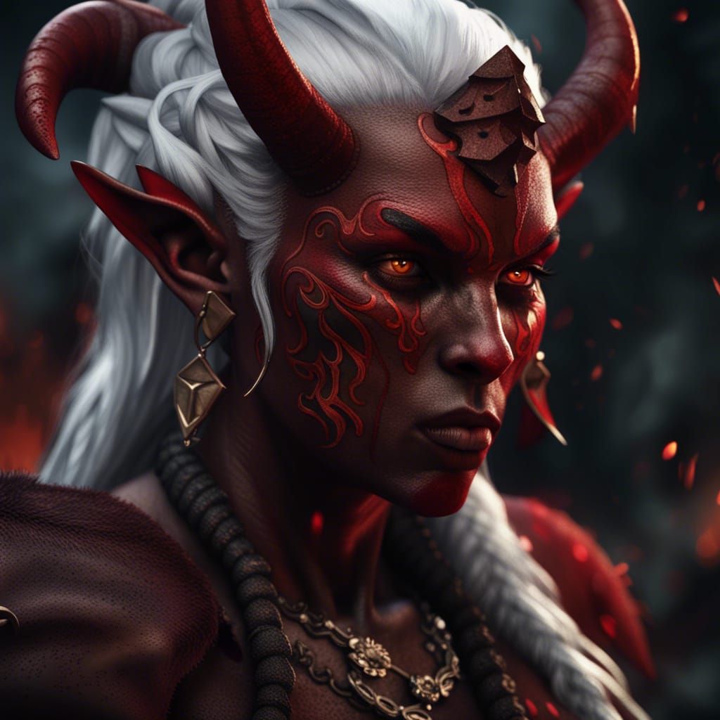 Tiefling Barbarian Woman with Red Skin and White Hair