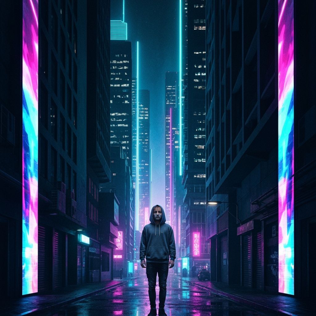 Cyberpunk Man in Neon Cityscape