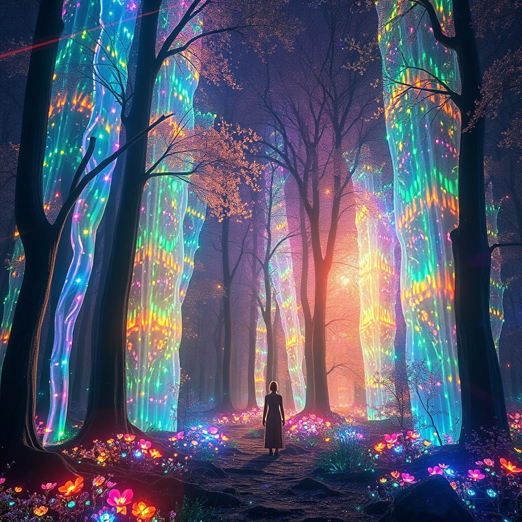 Bioluminescent Crystal Forest with Rainbow Light Display