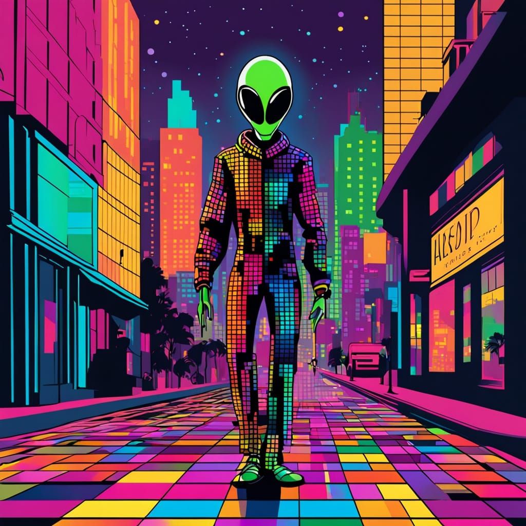 Disco Alien Strolls Down Neon City Street