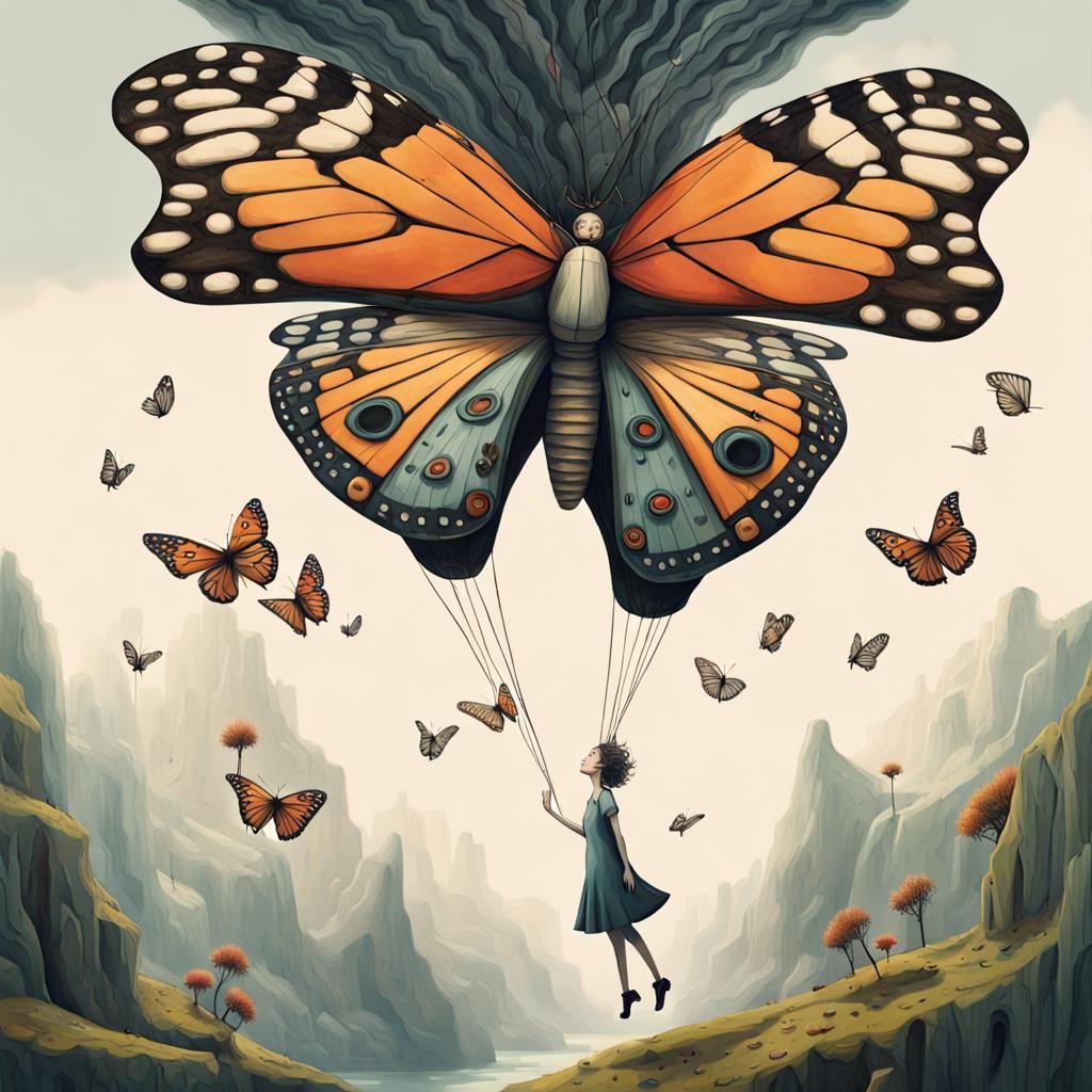 butterfly human hybrid, surreal ,expressive ,8 k ,Whimsical illustrations featuring scenes where gravity appears to defy...
