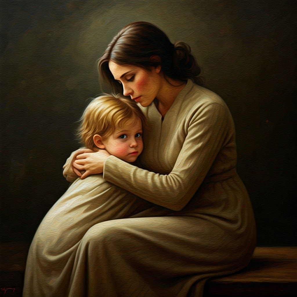 Mother and Child in Whimsical Oil Painting