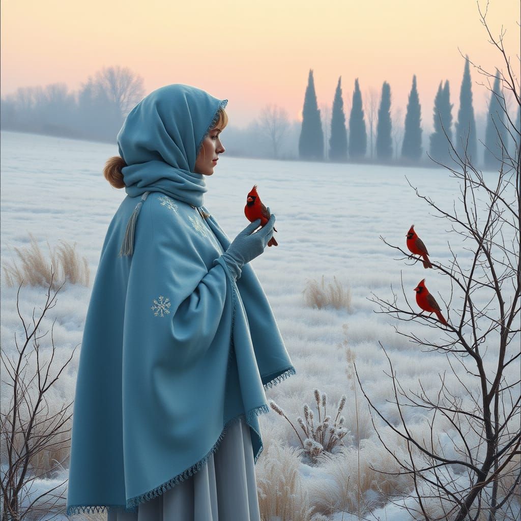 Woman in Frosty Meadow with Snowy Cardinal, in Delicate Oil ...