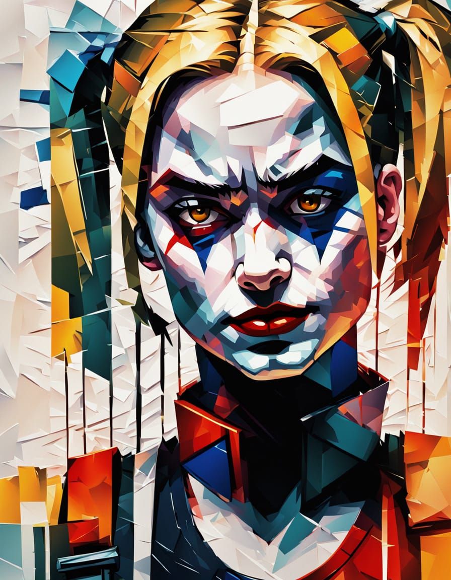 Harley Quinn Scowls in Cubist Impressionist Style