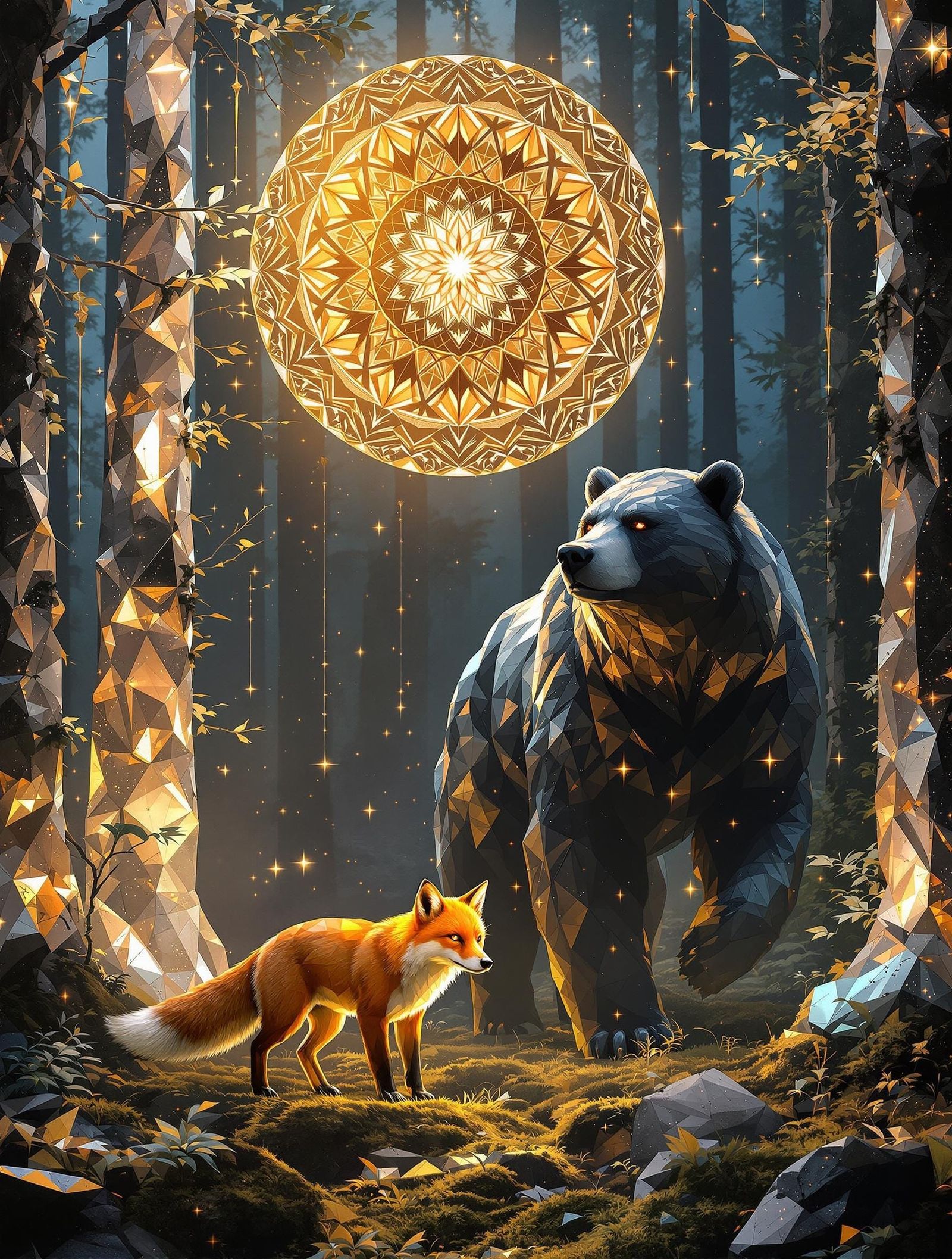 Crystalline Forest with Geometric Animals and Spirit Pattern...