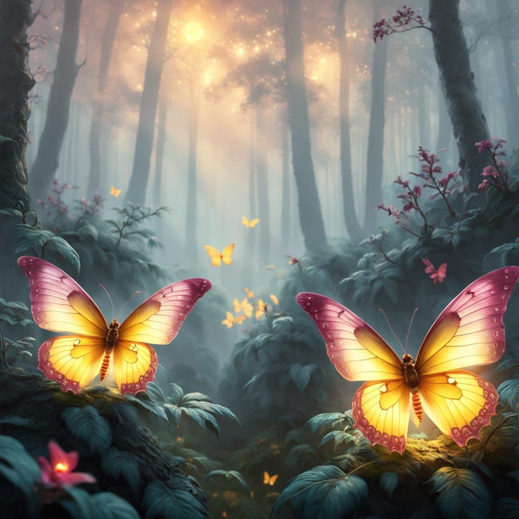 Hyper-Realistic Yellow Butterfly in a Misty Forest