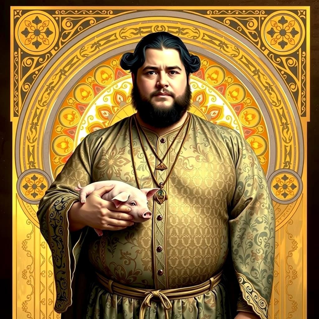 Corpulent Man with Piglet in Art Nouveau Style